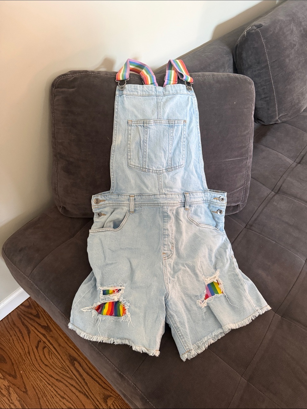 Light Blue Denim Overall Shorts with Rainbow Straps